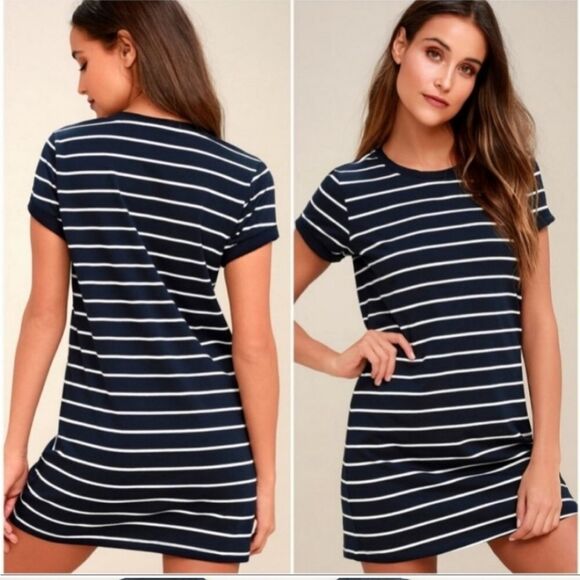 Lulus Crew Neck Navy Striped Shift Dress Size Large - Picture 1 of 7